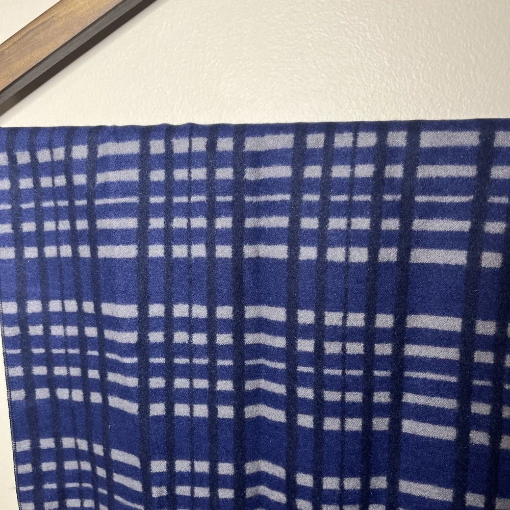 English Laundry Felt Silk‎ Scarf Navy Blue Plaid Fringe 70